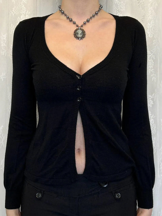 Long Sleeve V-Neck Button Front Cardigan Black - Fashorio