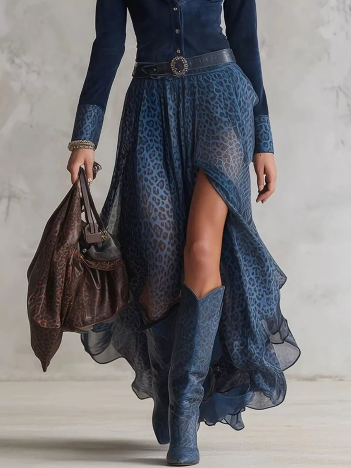 Navy leopard print button front long sleeve maxi dress back view
