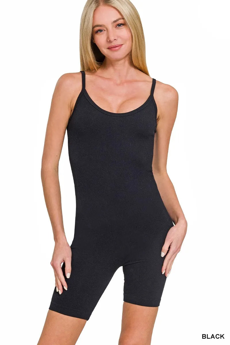 Zenana ribbed seamless bodysuit in black shown on model