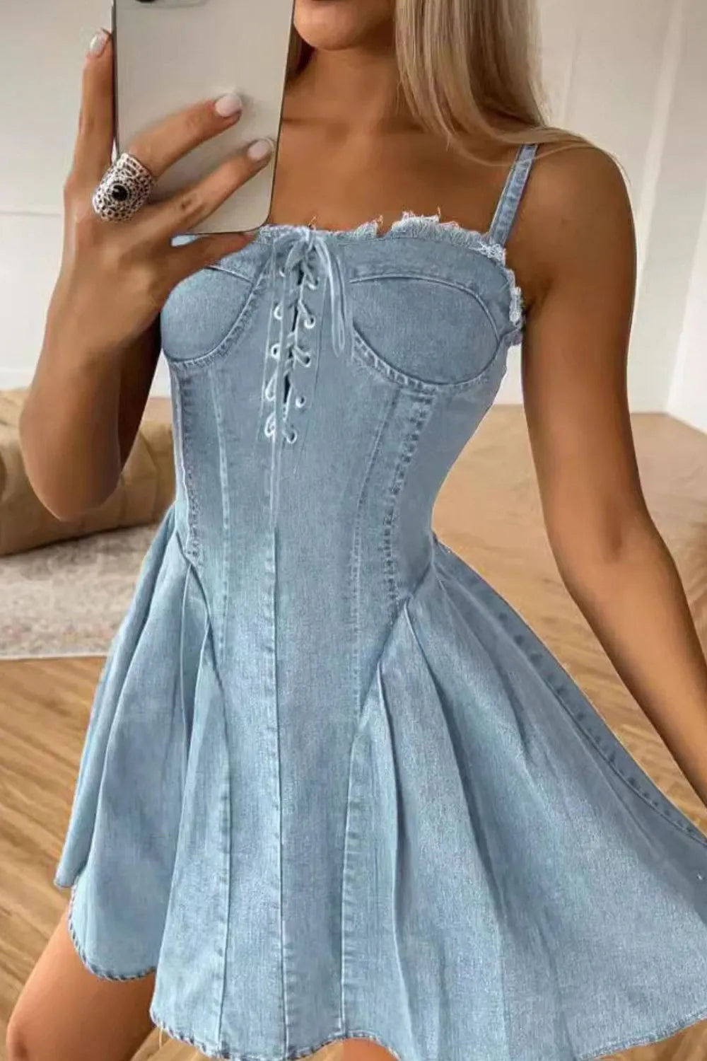 Lace Up Denim Cami Dress - Fashorio