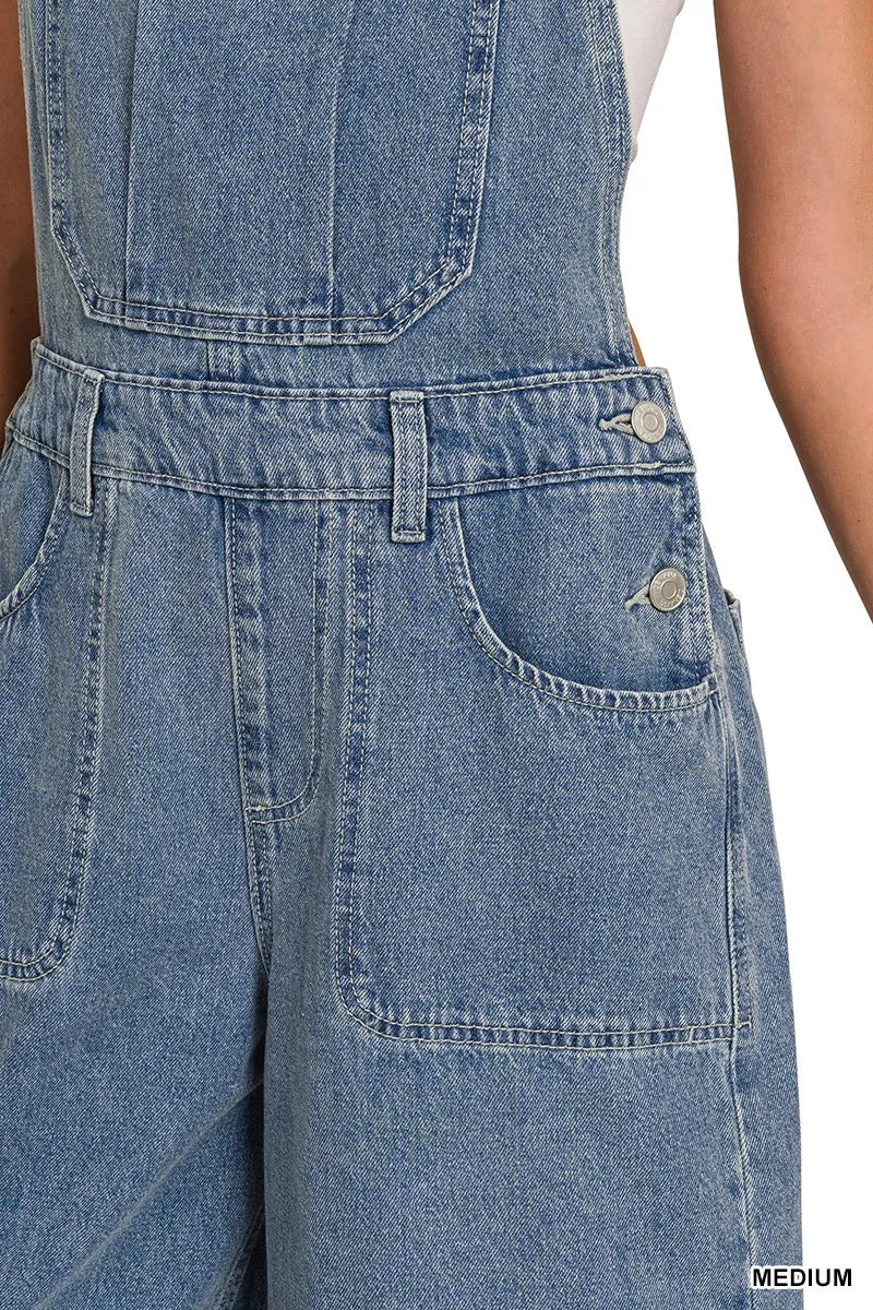 Zenana Denim Medium Washed Wide Leg Overalls - Fashorio