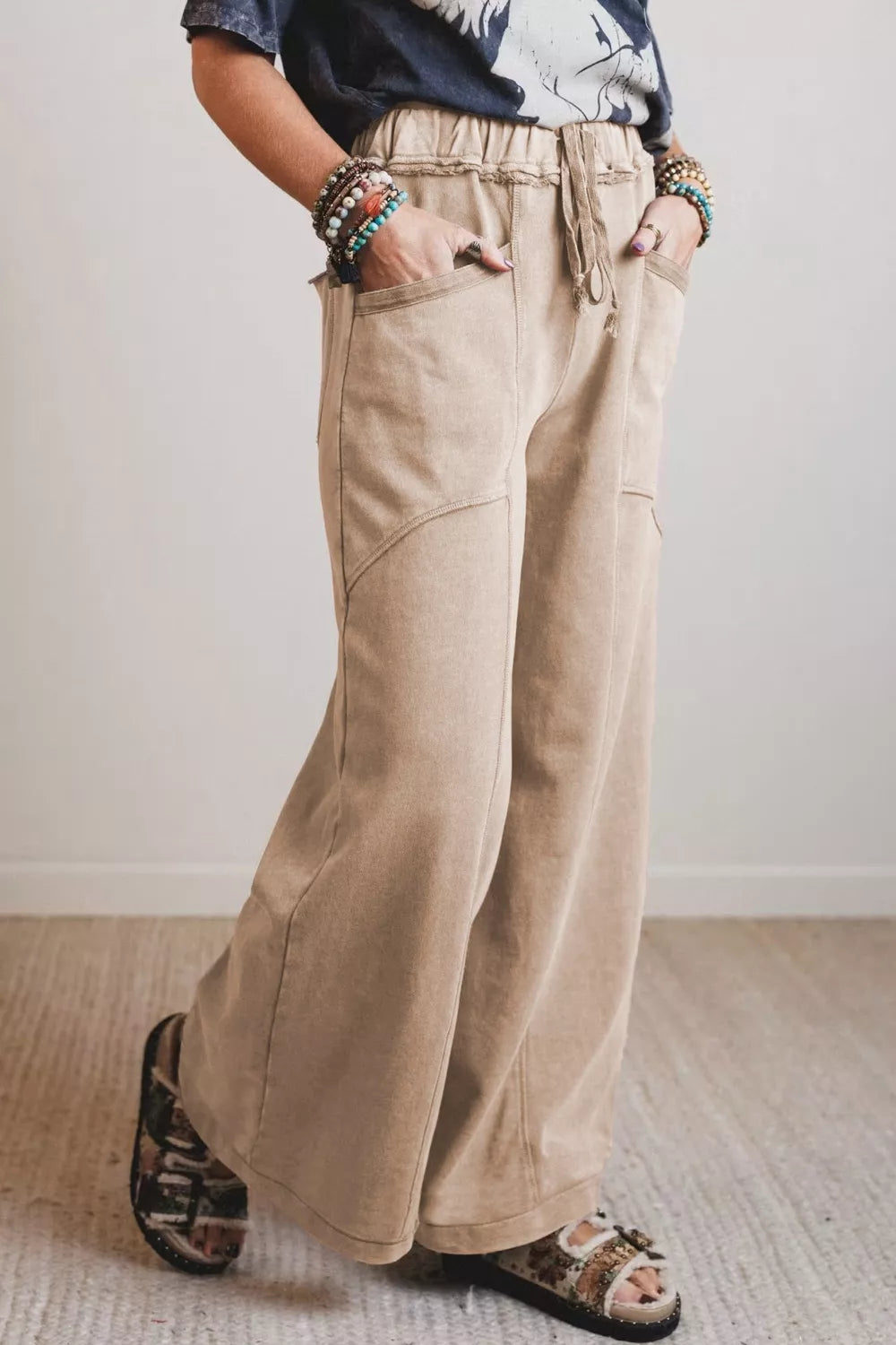 High Waist Wide Leg Drawstring Pants on model