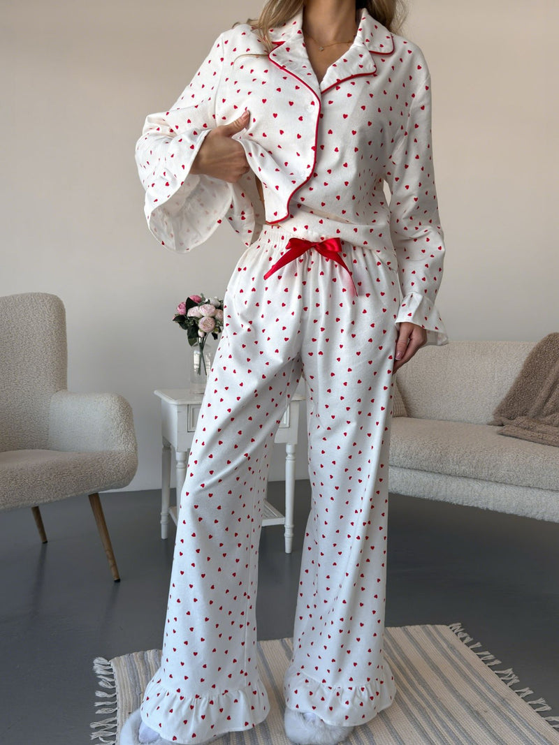 Heart print long sleeve top and pants lounge set front view