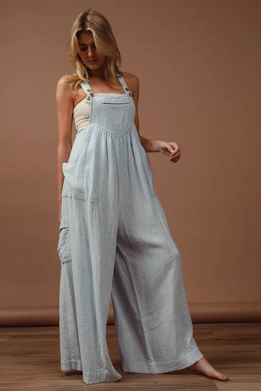 Vintage Washed Crinkle Gauze Wide Leg Overalls detail