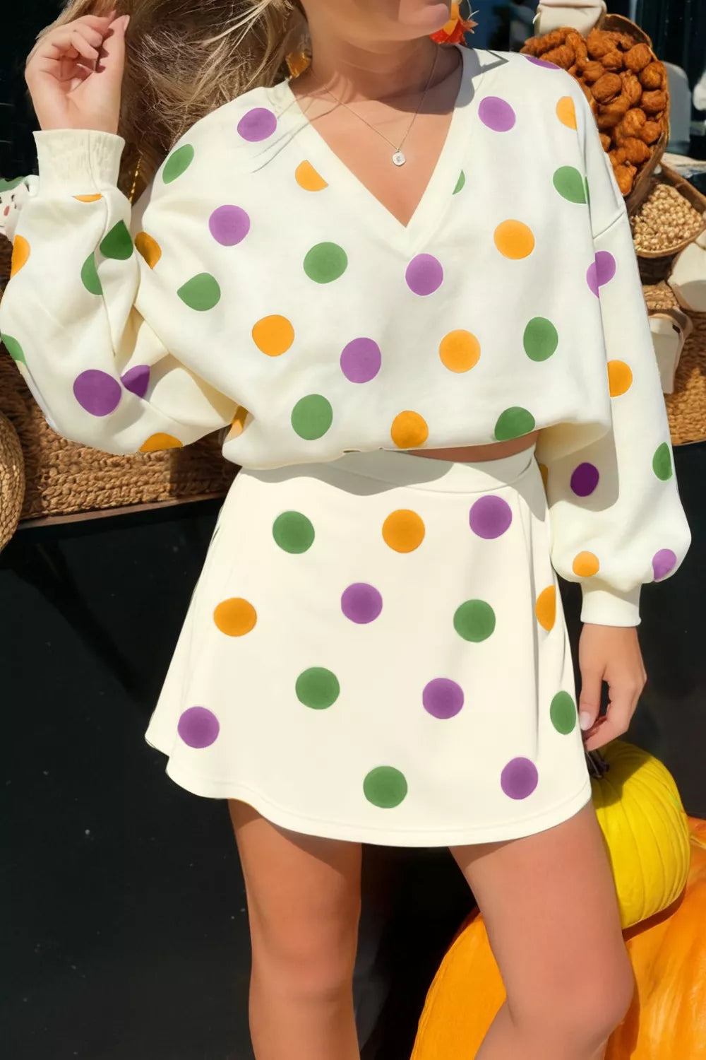 Polka dot v neck top and skirt set front view