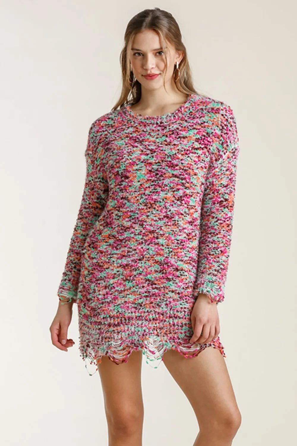 Distressed Hem Multicolored Round Neck Knit Tunic Dress back view