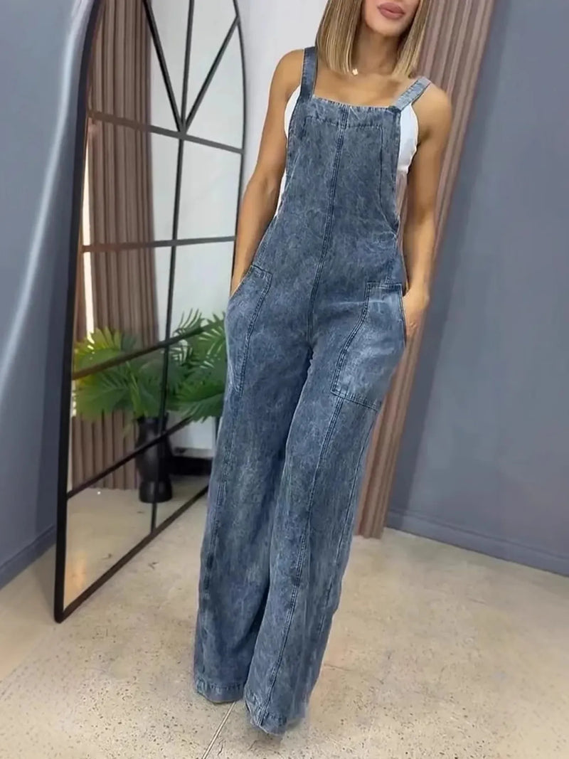 Wide leg washed denim overalls dark blue front view