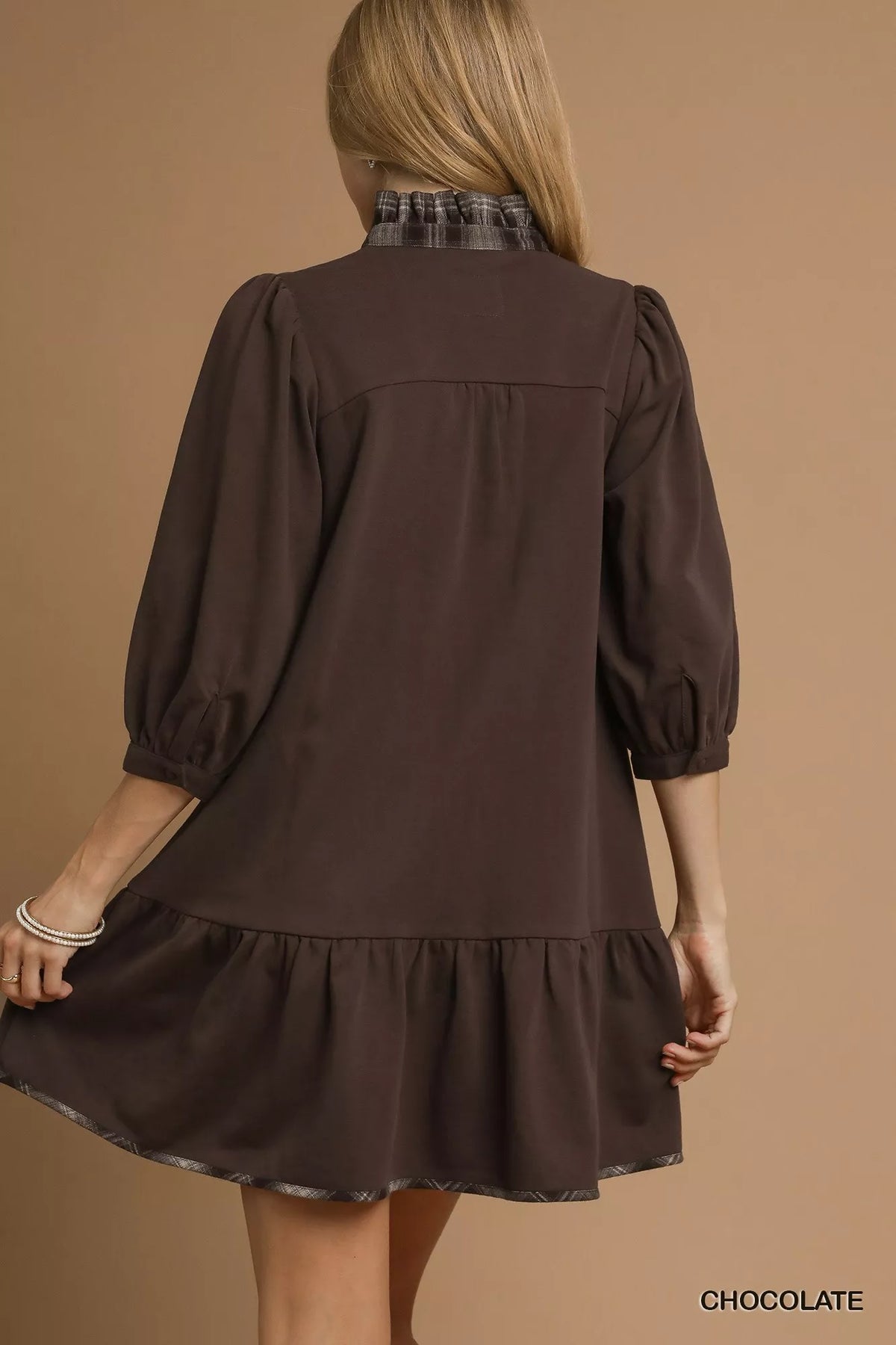 French Terry Ruffle Hem Dress with Plaid Trim side view