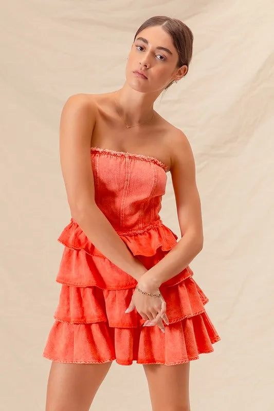 Strapless Ruffle Layered Dress in Orange close up