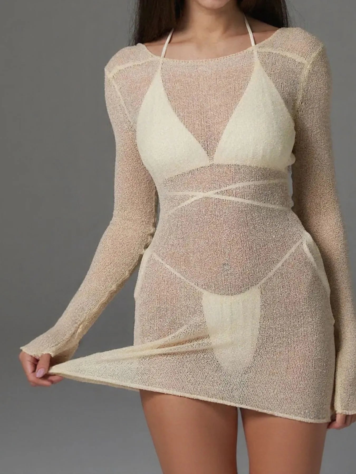 Sheer Backless Long Sleeve Mini Cover-Up Dress Beige - Fashorio