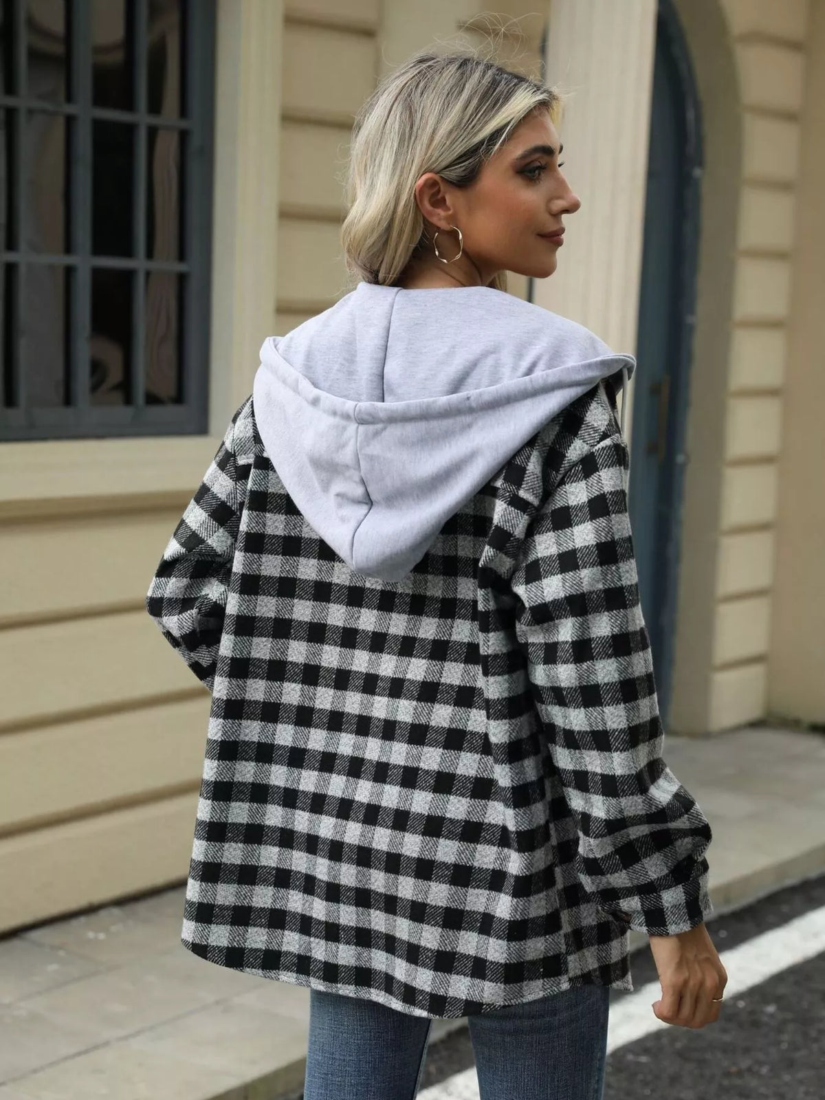 Plaid Hooded Drawstring Jacket in Black close up