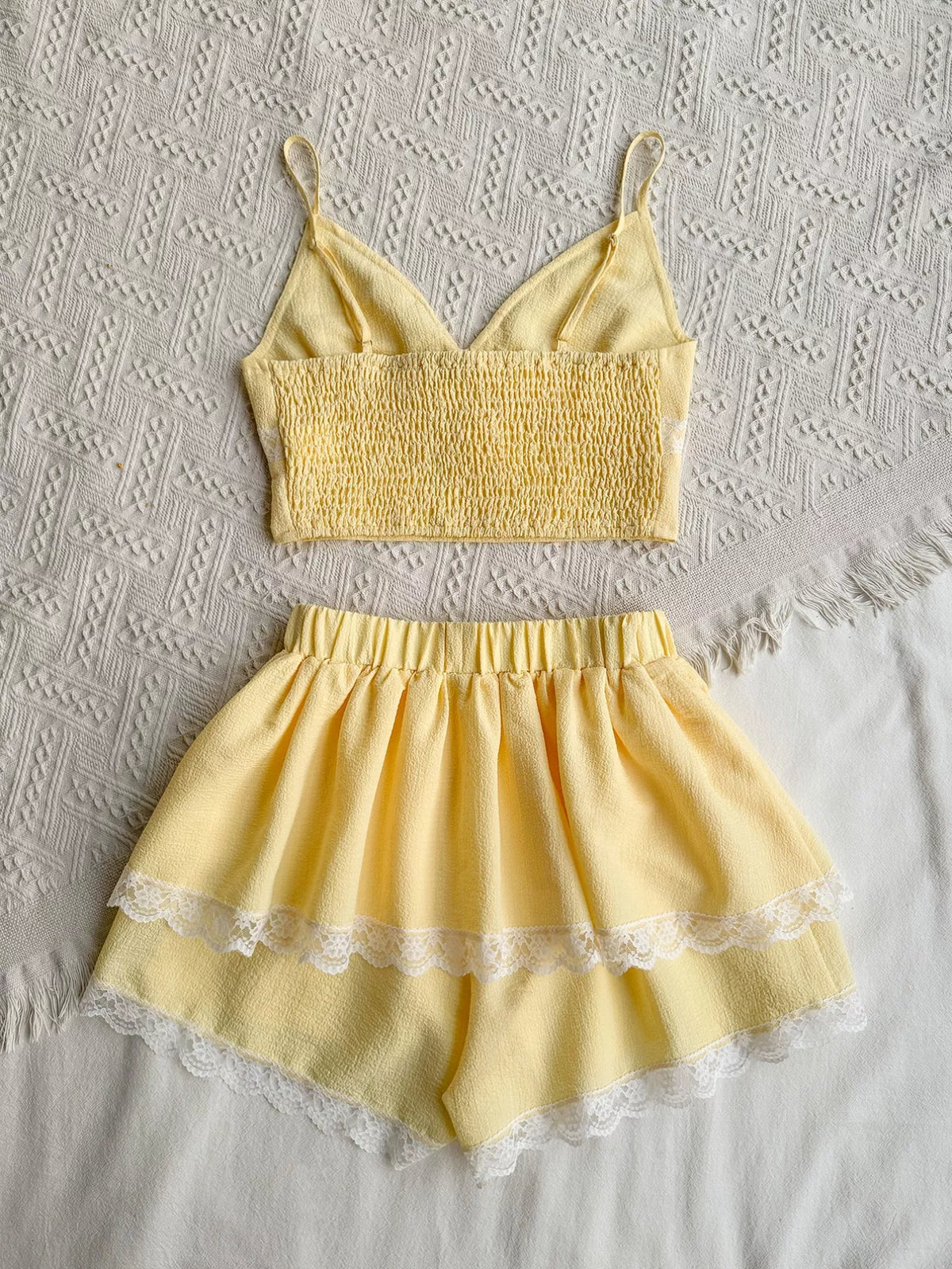 Pastel yellow smocked two piece set side view