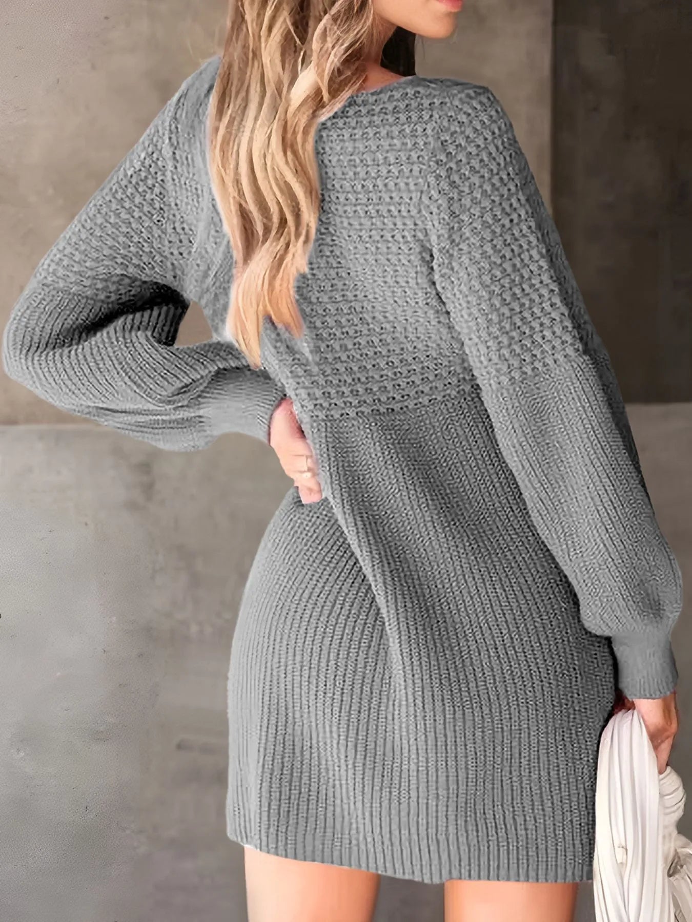 Texture V-Neck Lantern Sleeve Sweater Dress - Fashorio