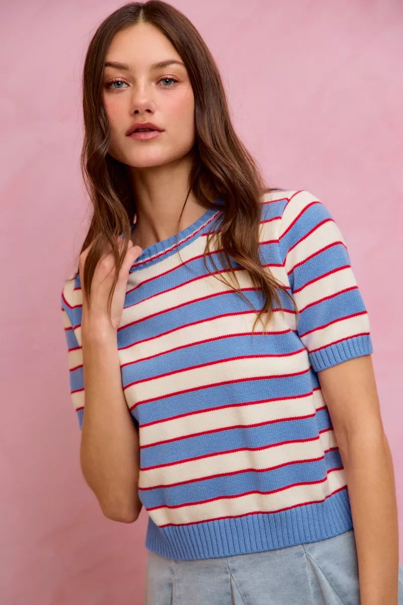 Crew neck striped sweater top sleeve detail