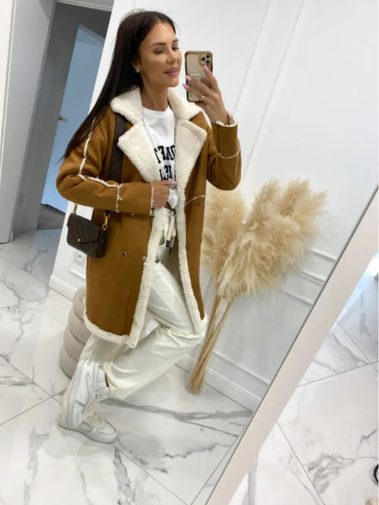 Lapel Collar Exposed Seam Buttoned Coat Camel - Fashorio