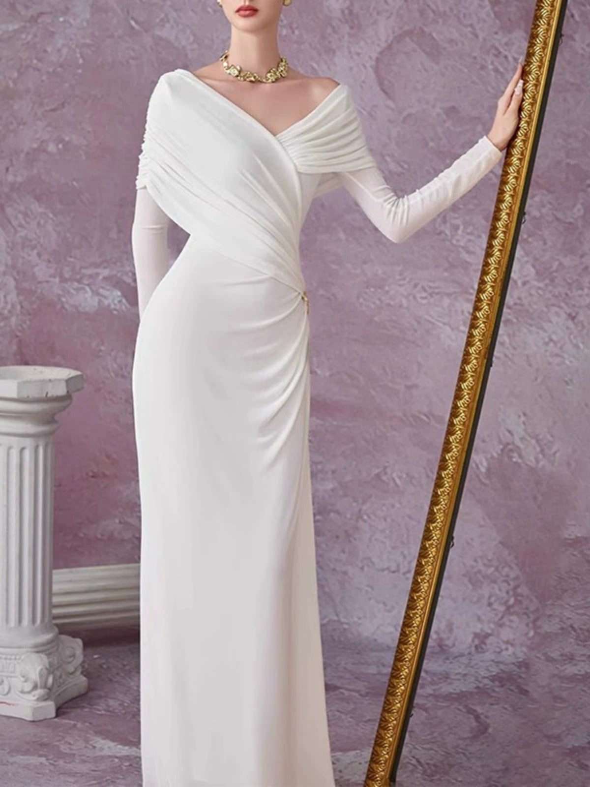 ruched draped long sleeve maxi dress full length view