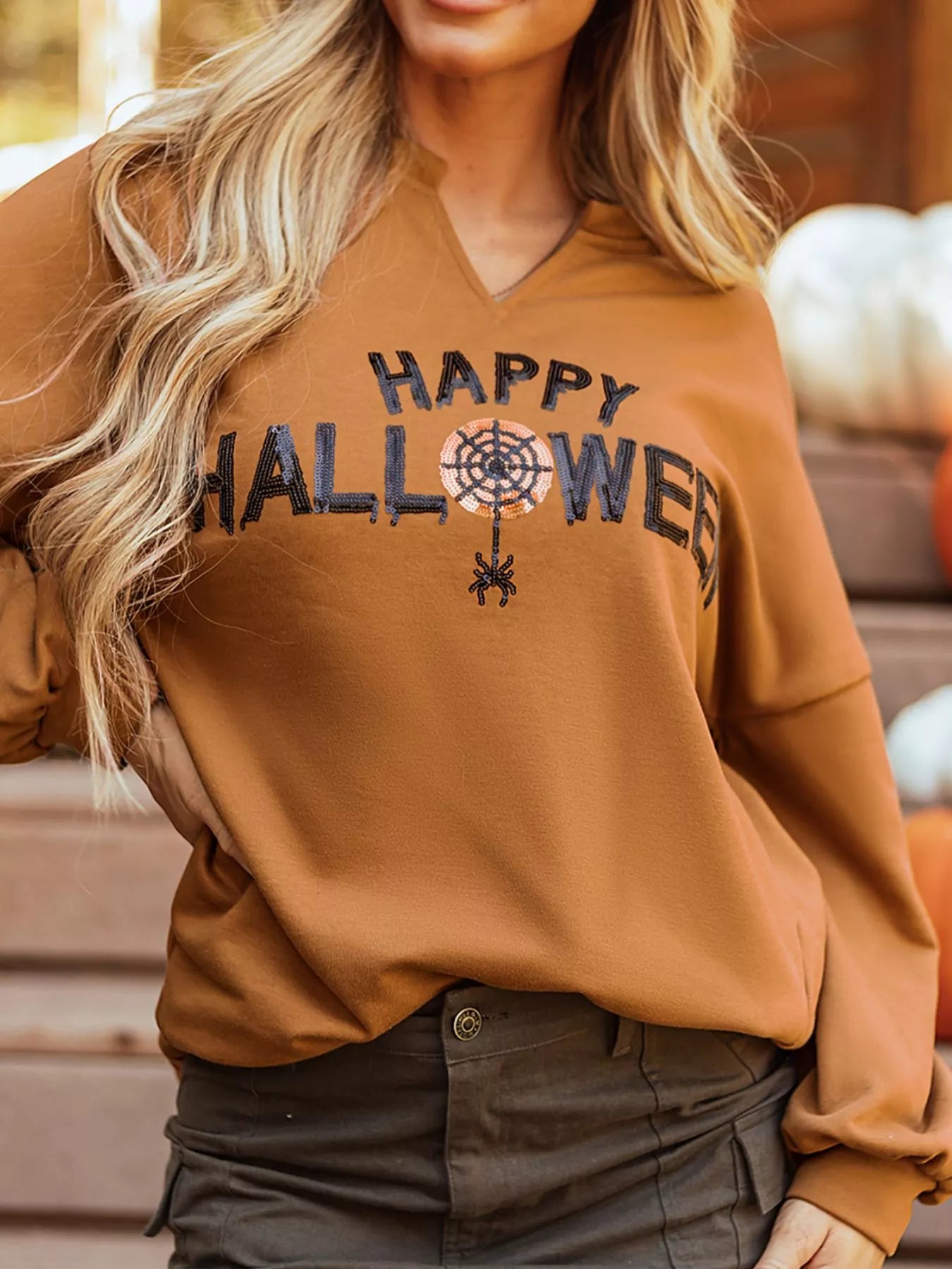 Happy Halloween Graphic Notched Long Sleeve Loose Top - Fashorio