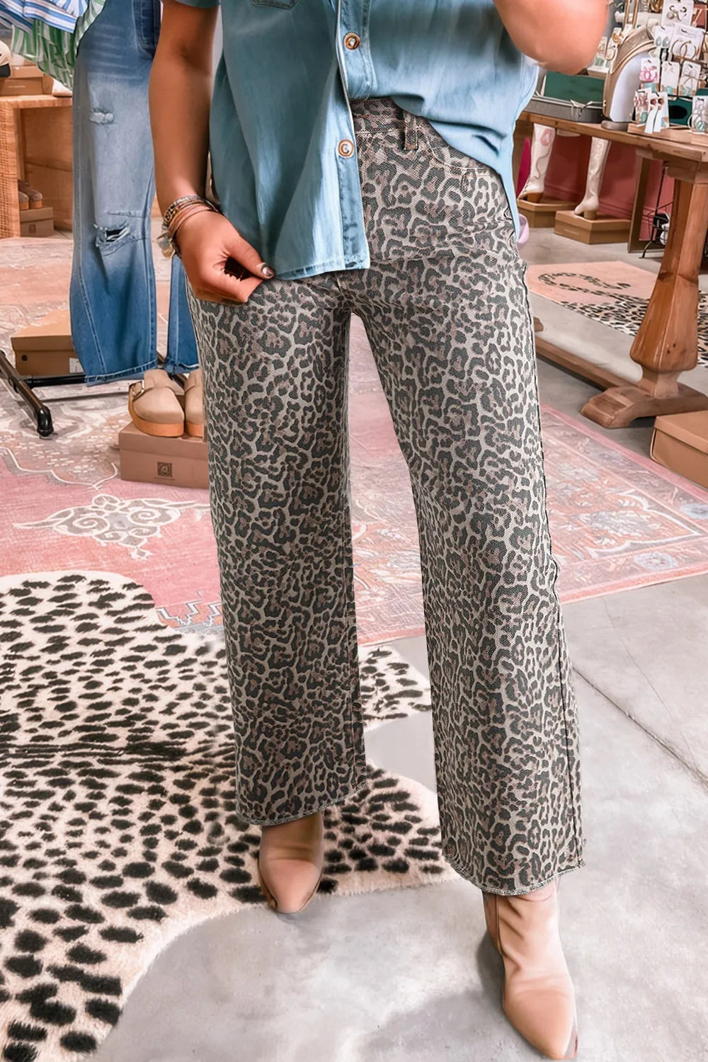 Leopard frayed edge denim jeans side view