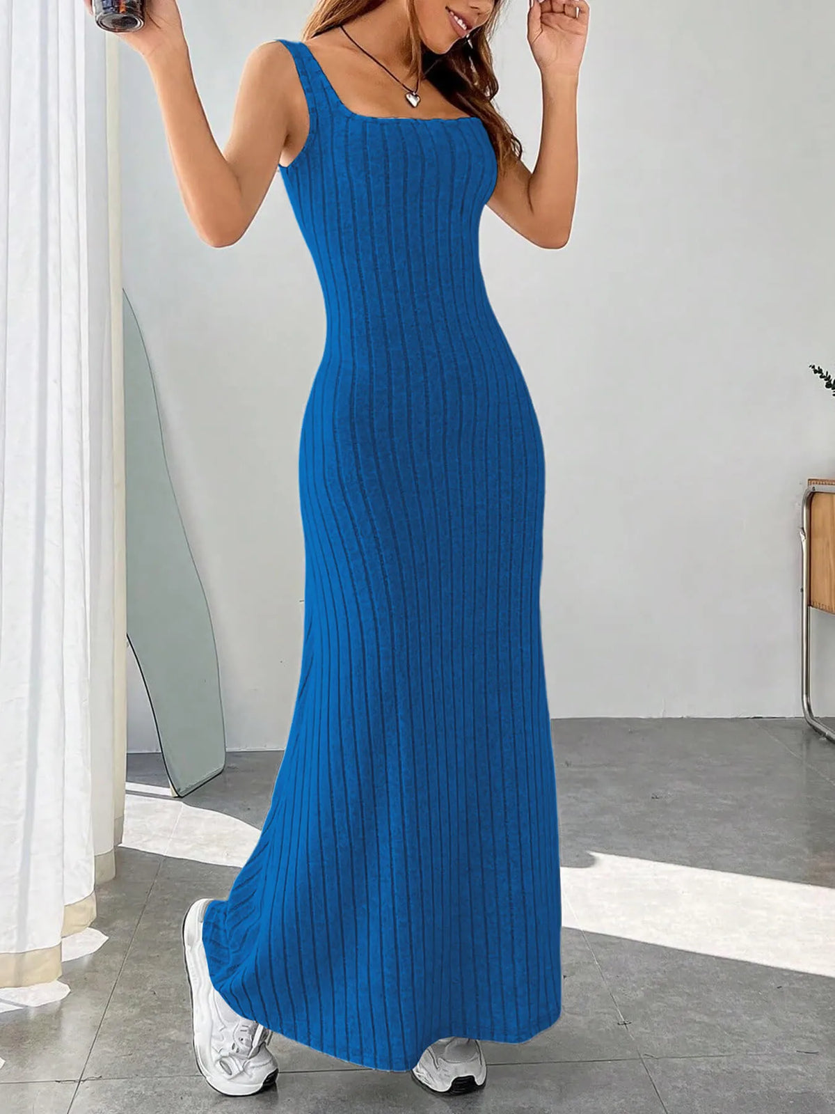 ribbed knit square neck sleeveless maxi dress full length view