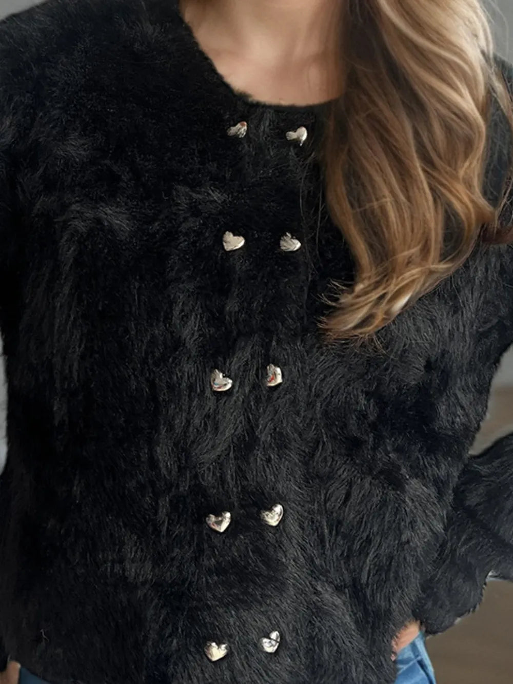 Heart Button Round Neck Cardigan - Fashorio