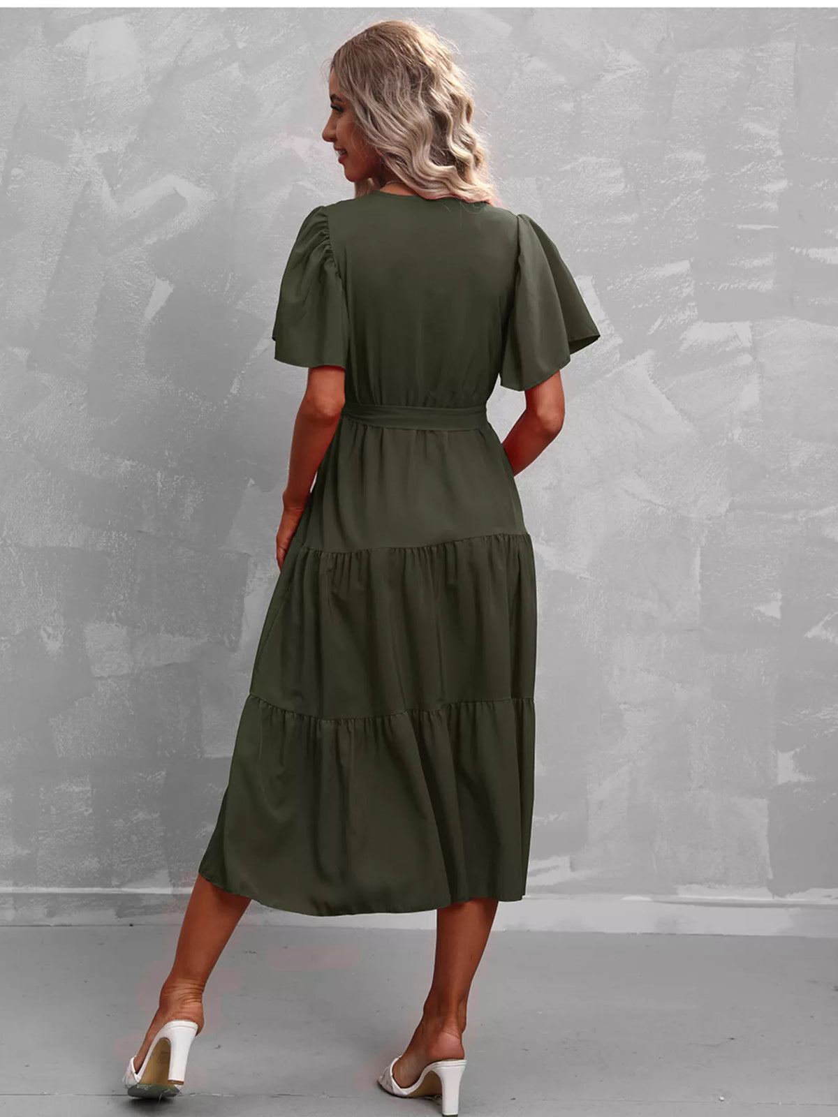 Flutter sleeve tiered midi dress fabric detail view