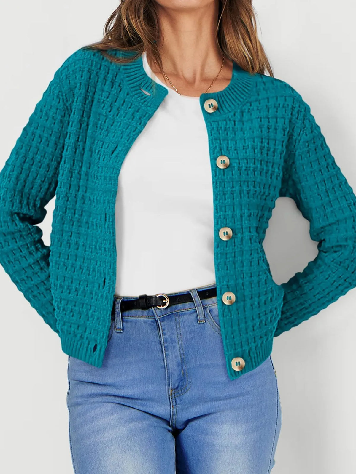 Textured knit button front cardigan, back view