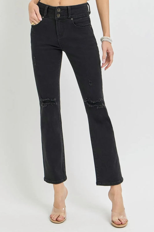 RISEN Full Size High Rise Wide Waistband Ankle Bootcut Jeans Black - Fashorio