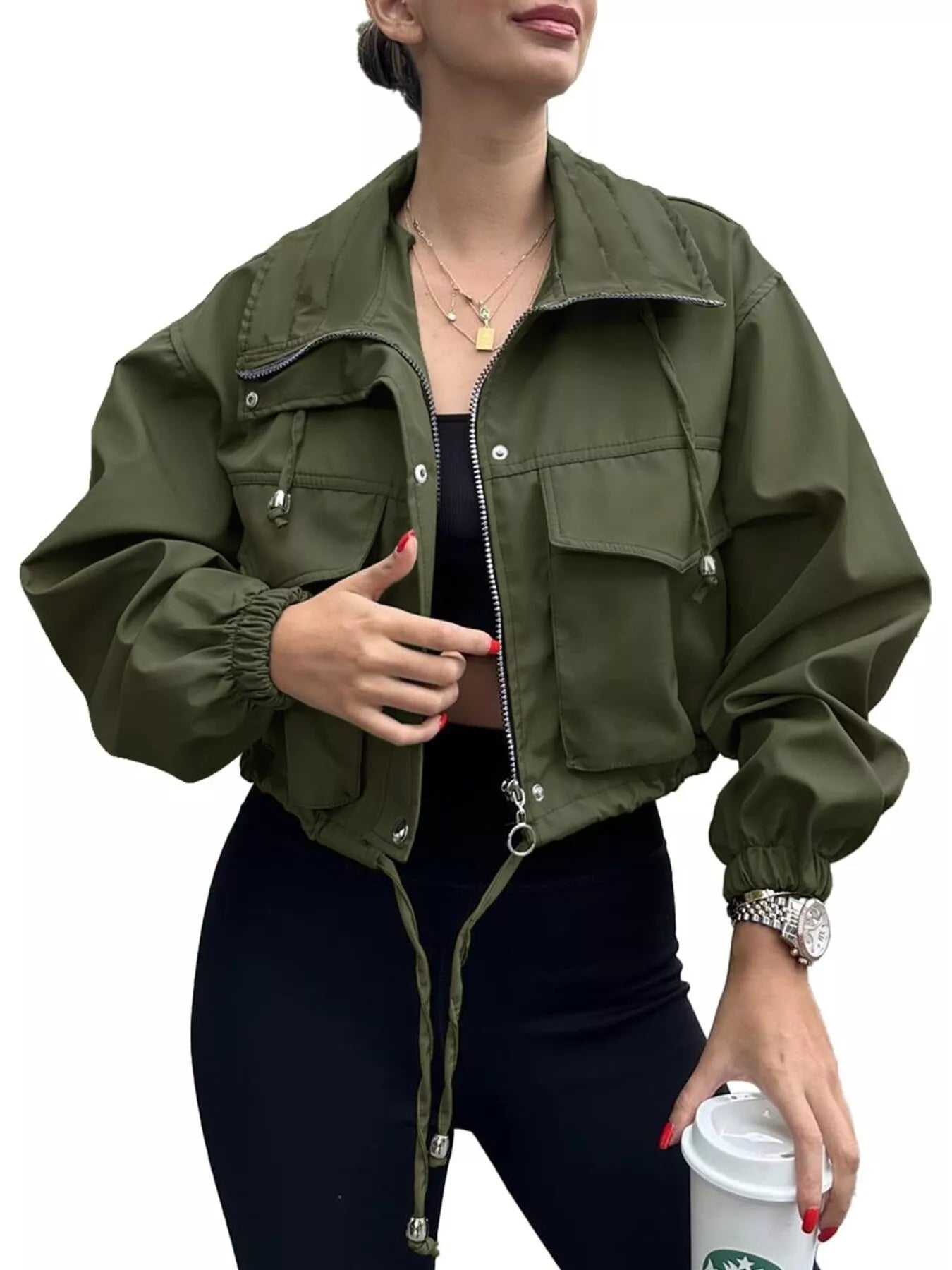 Drawstring Hem Zip Up Jacket - Fashorio