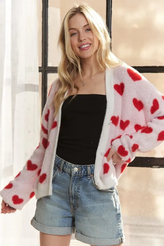 ADORA Fuzzy Heart Button Down Cardigan - Fashorio