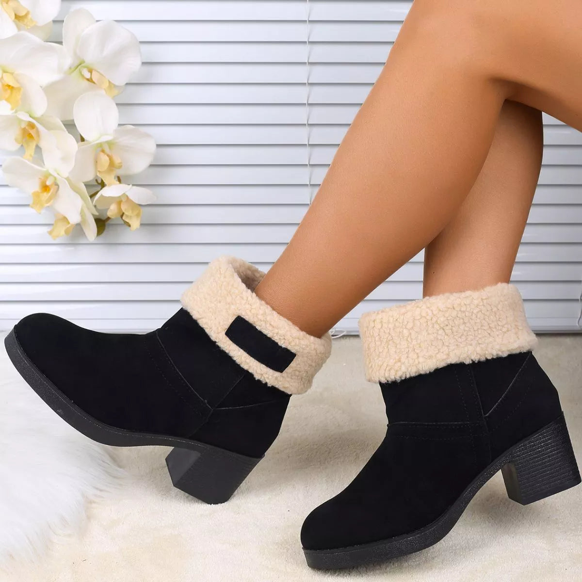 Plush Cuff Block Heel Boots paired with denim