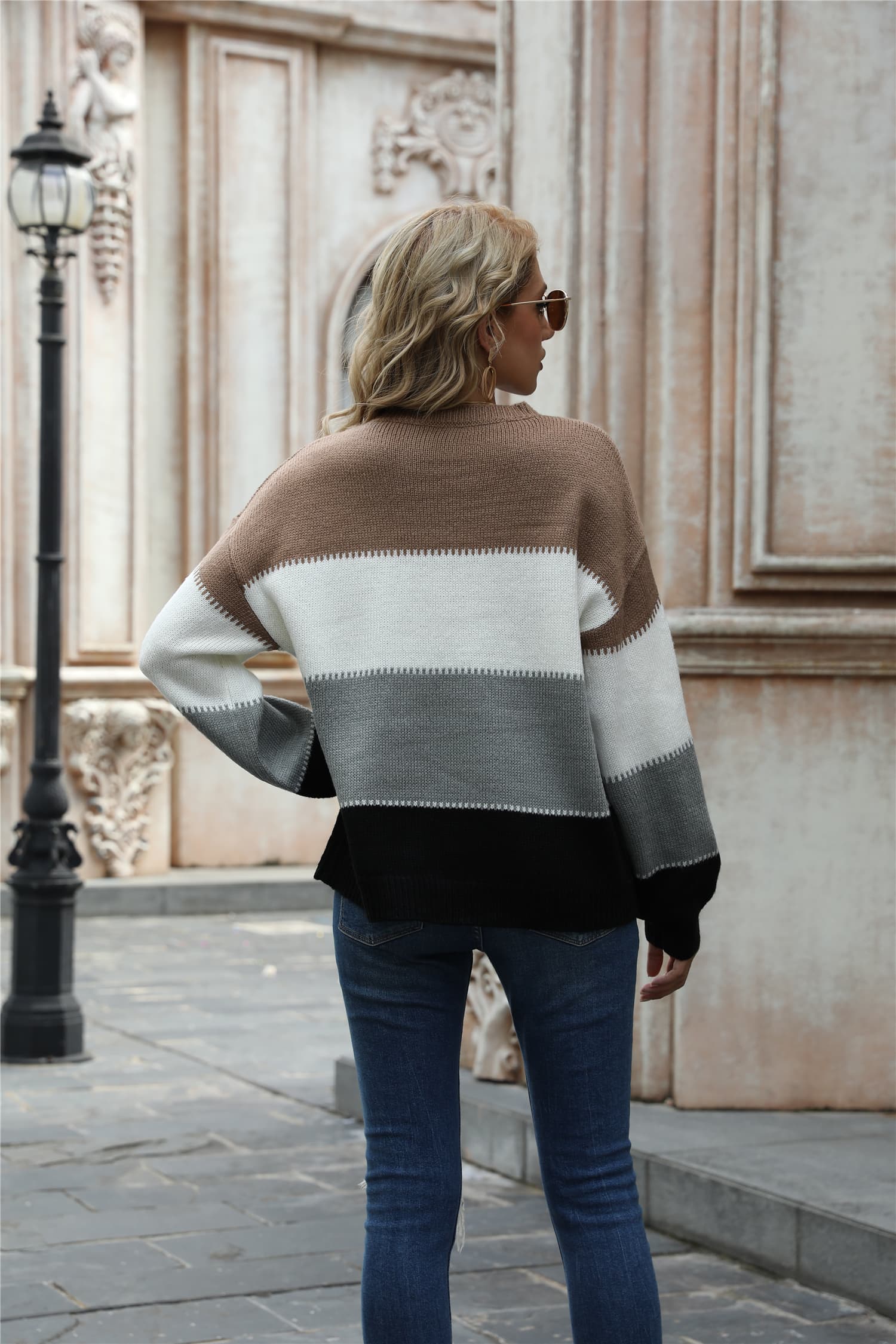 Angel Wings Color Block Round Neck Sweater - Fashorio