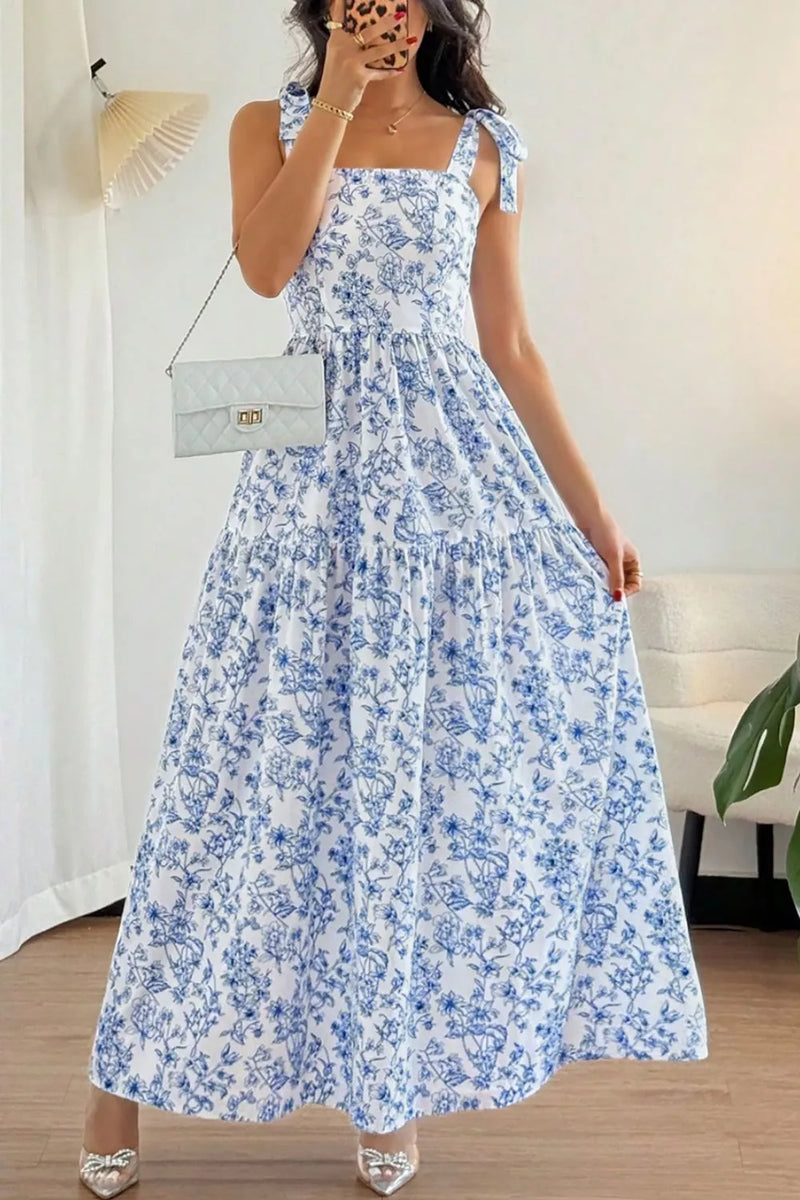 Light blue floral knot strap high waist flared maxi dress front view