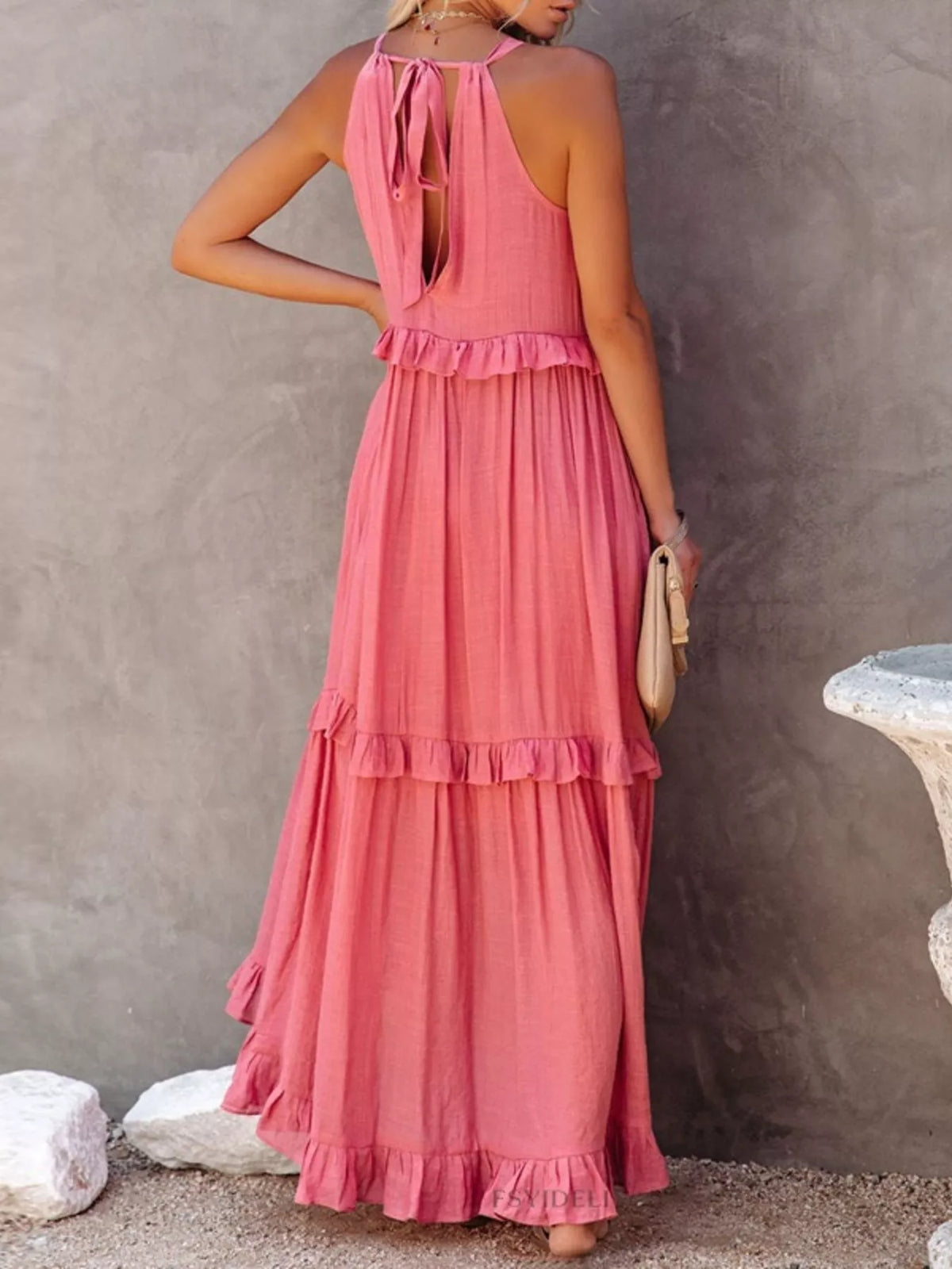 Ruffled tiered sleeveless maxi dress back view
