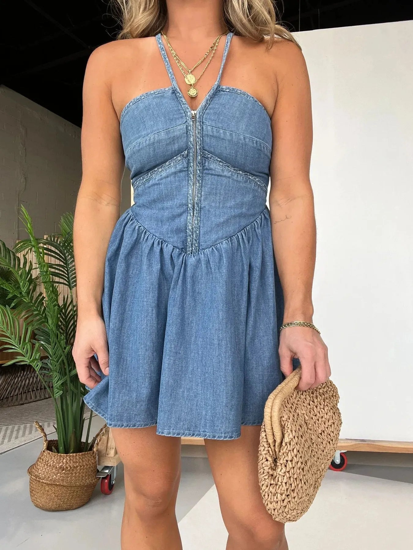 Full Size Lace Up Halter Neck Denim Dress Plus Size - Fashorio