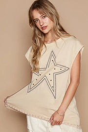 POL Star Patch Studded Sleeveless T-Shirt with Lace Hem Tan - Fashorio