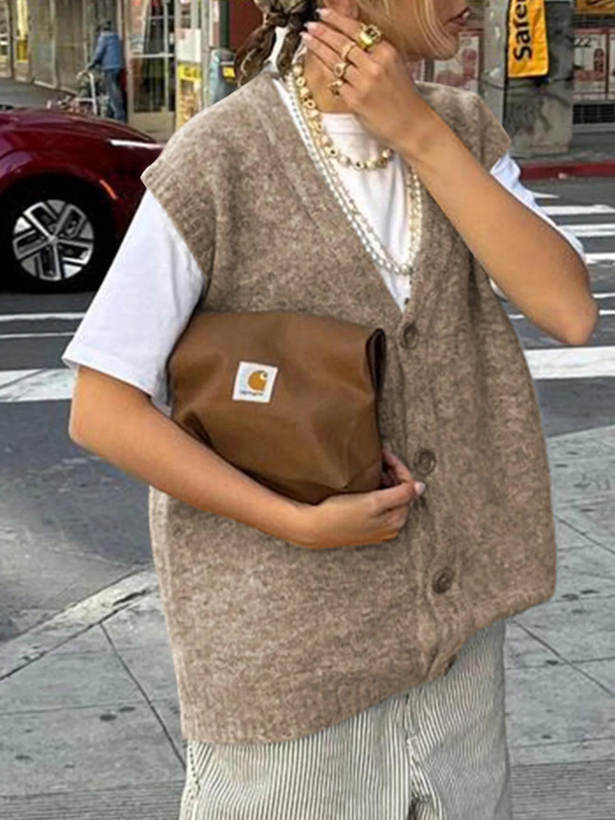 Button Front Sweater Vest in Brown detail