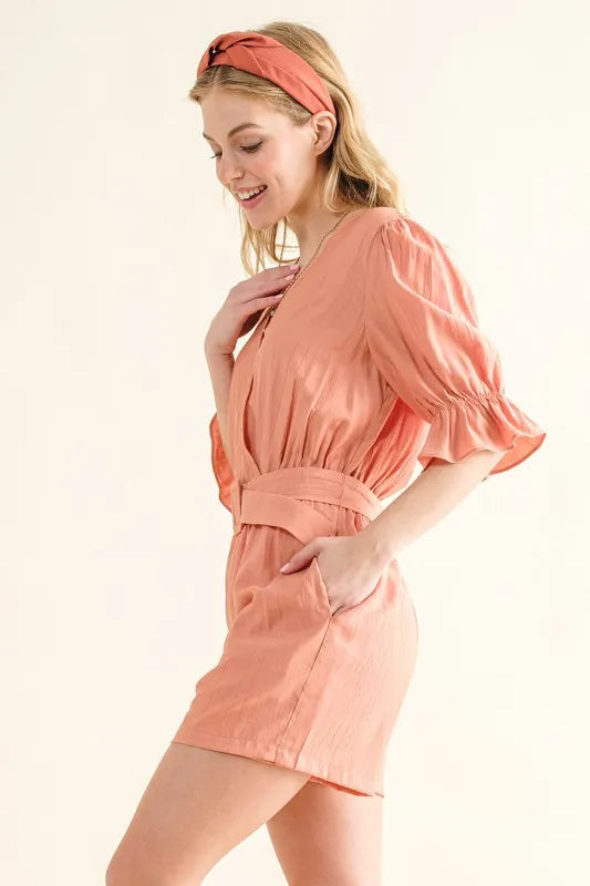 Flounce Sleeves Romper with Belt side view