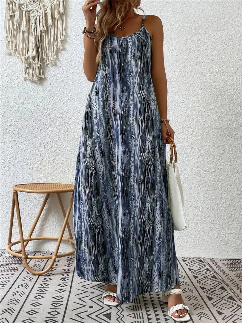 Printed scoop neck maxi cami dress front view
