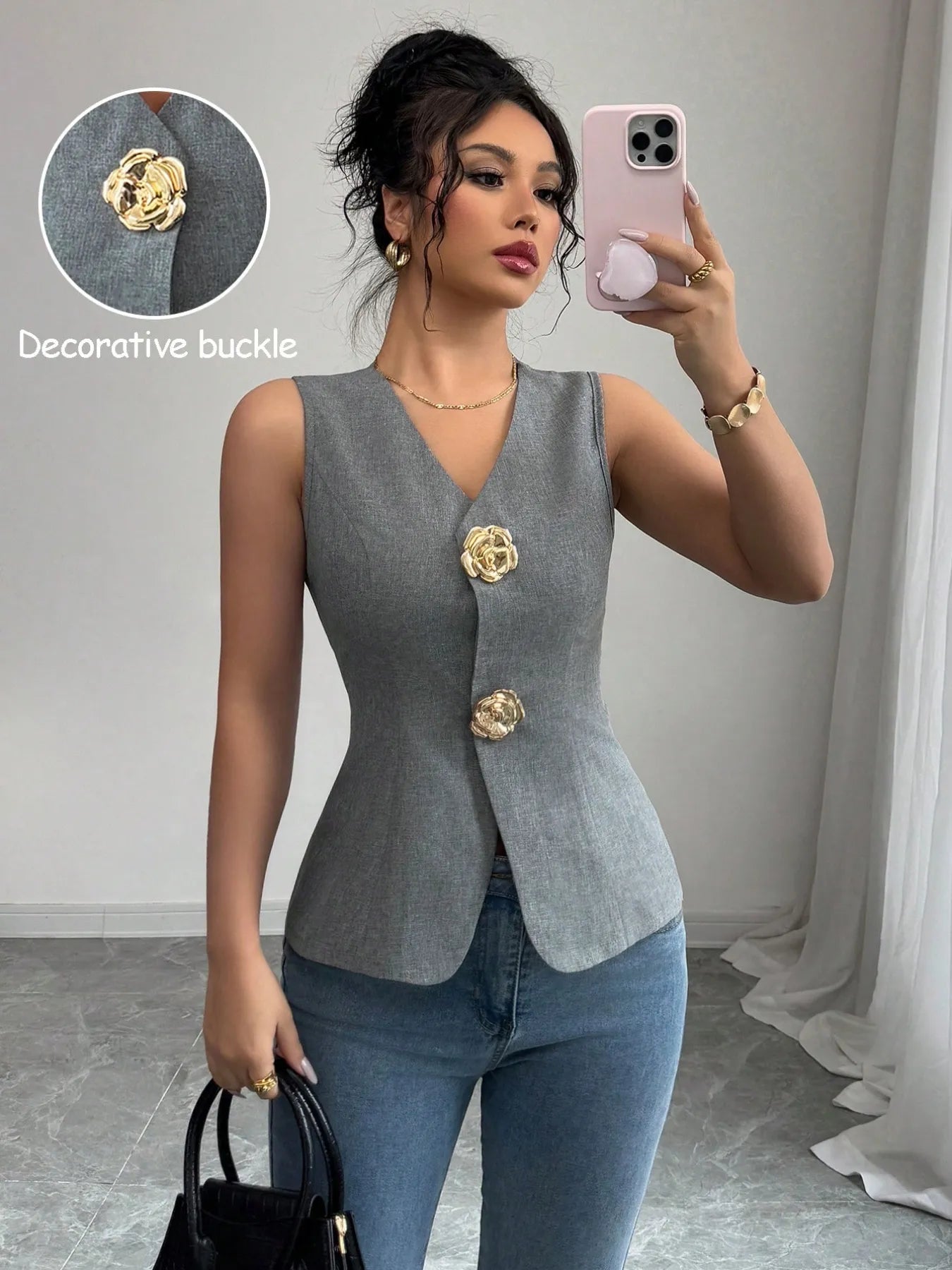 V-Neck Button Detail Tank Top - Fashorio