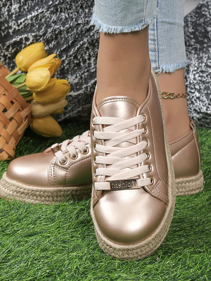 Round Toe Platform Sneakers Champagne - Fashorio