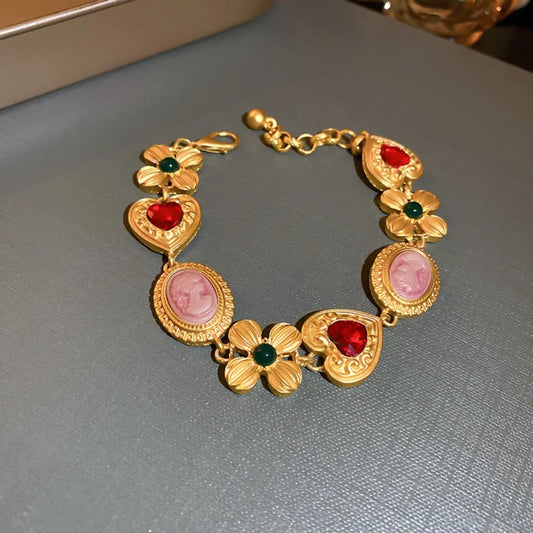 Copper Inlaid Rhinestone Vintage Bracelet Gold One Size - Fashorio