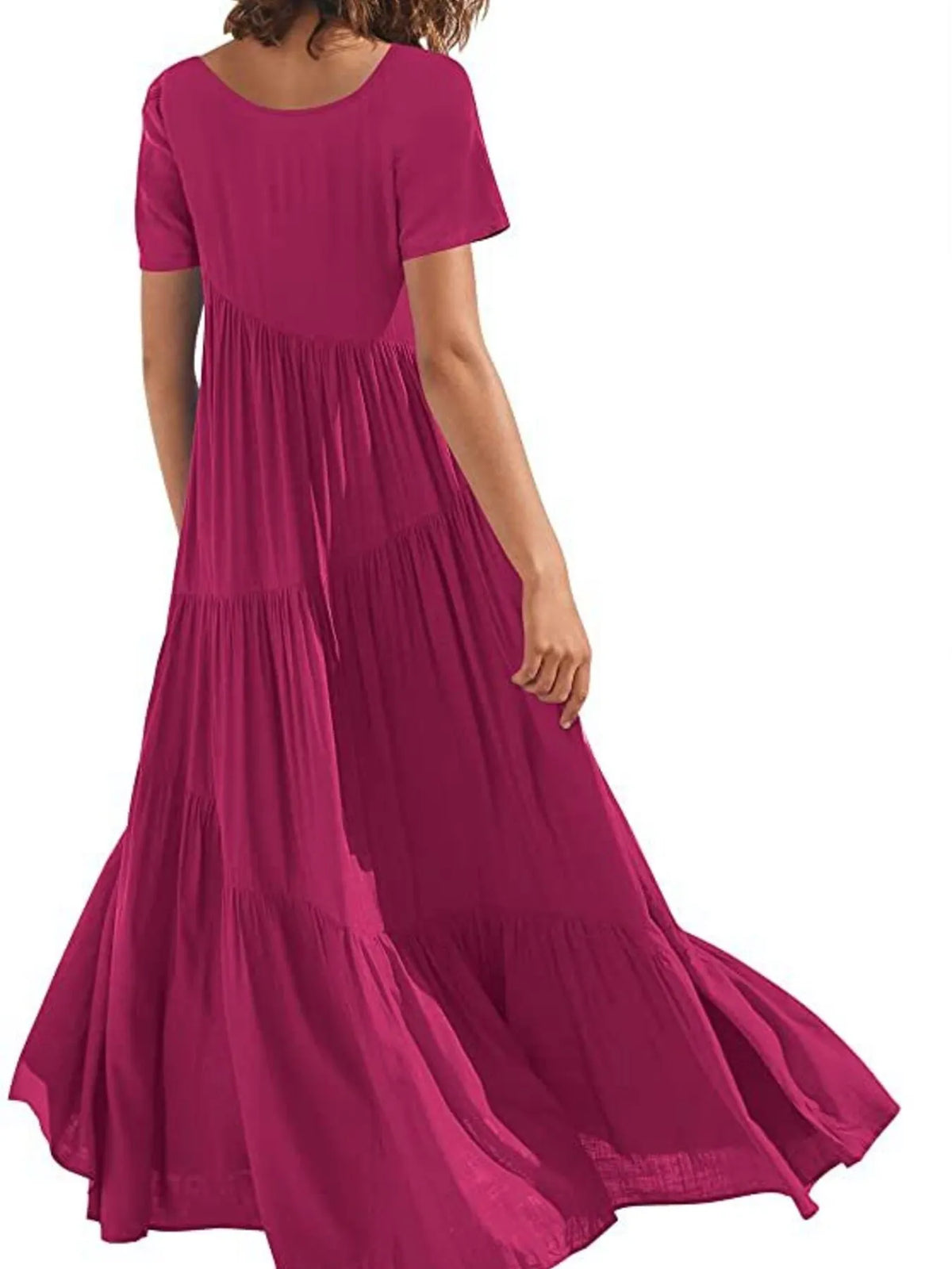 round neck tiered ruffle maxi dress three quarter view