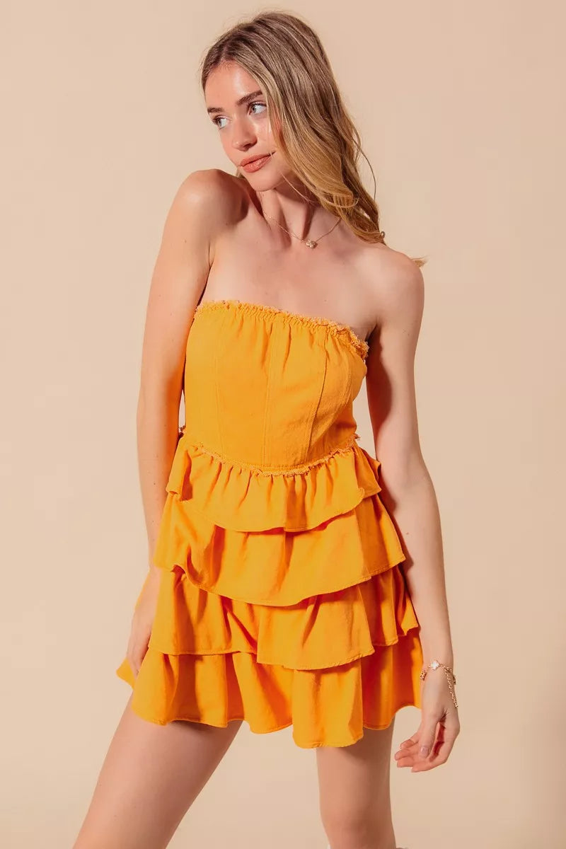 Strapless Ruffle Layered Dress in Gold styled look