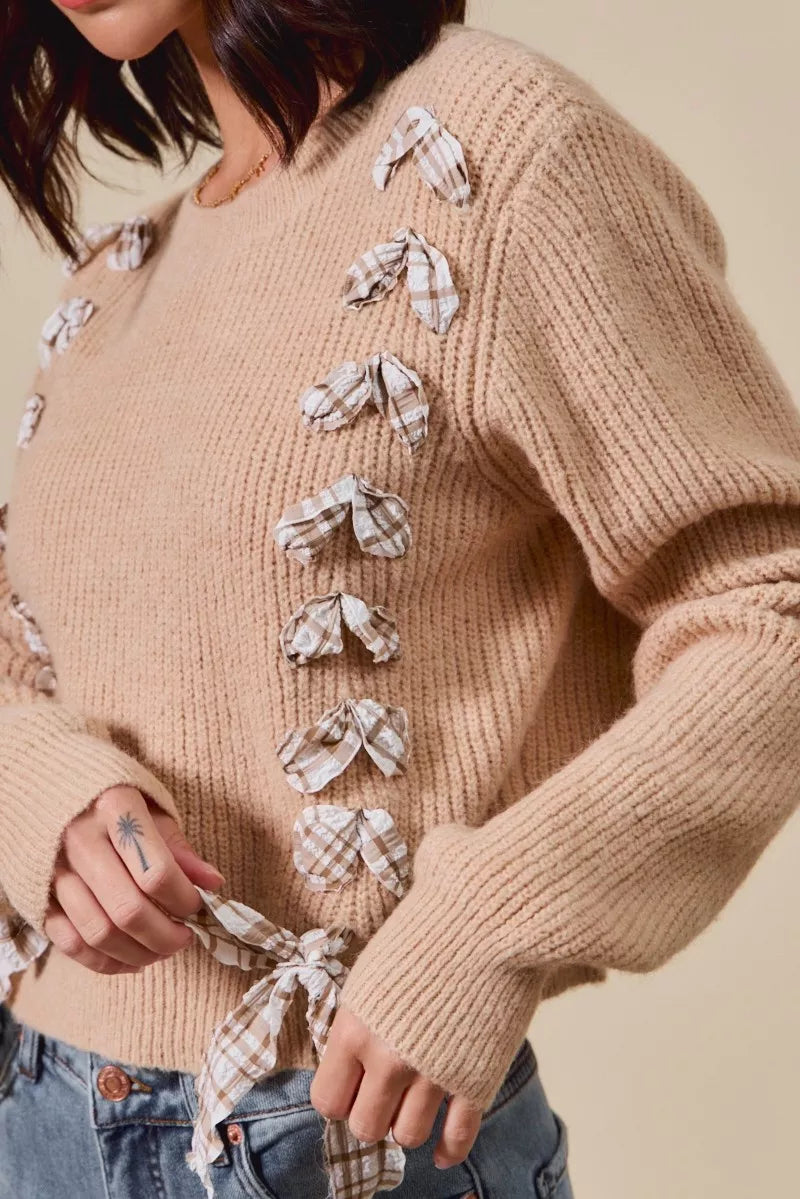 Checkered Plaid Lace Up Ribbed Sweater in Taupe side view