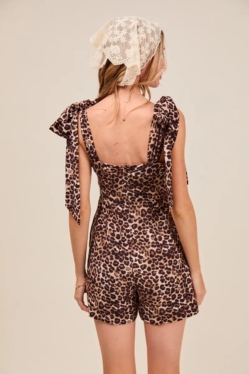 SO ME Leopard Flowy Woven Romper With Tie Straps - Fashorio