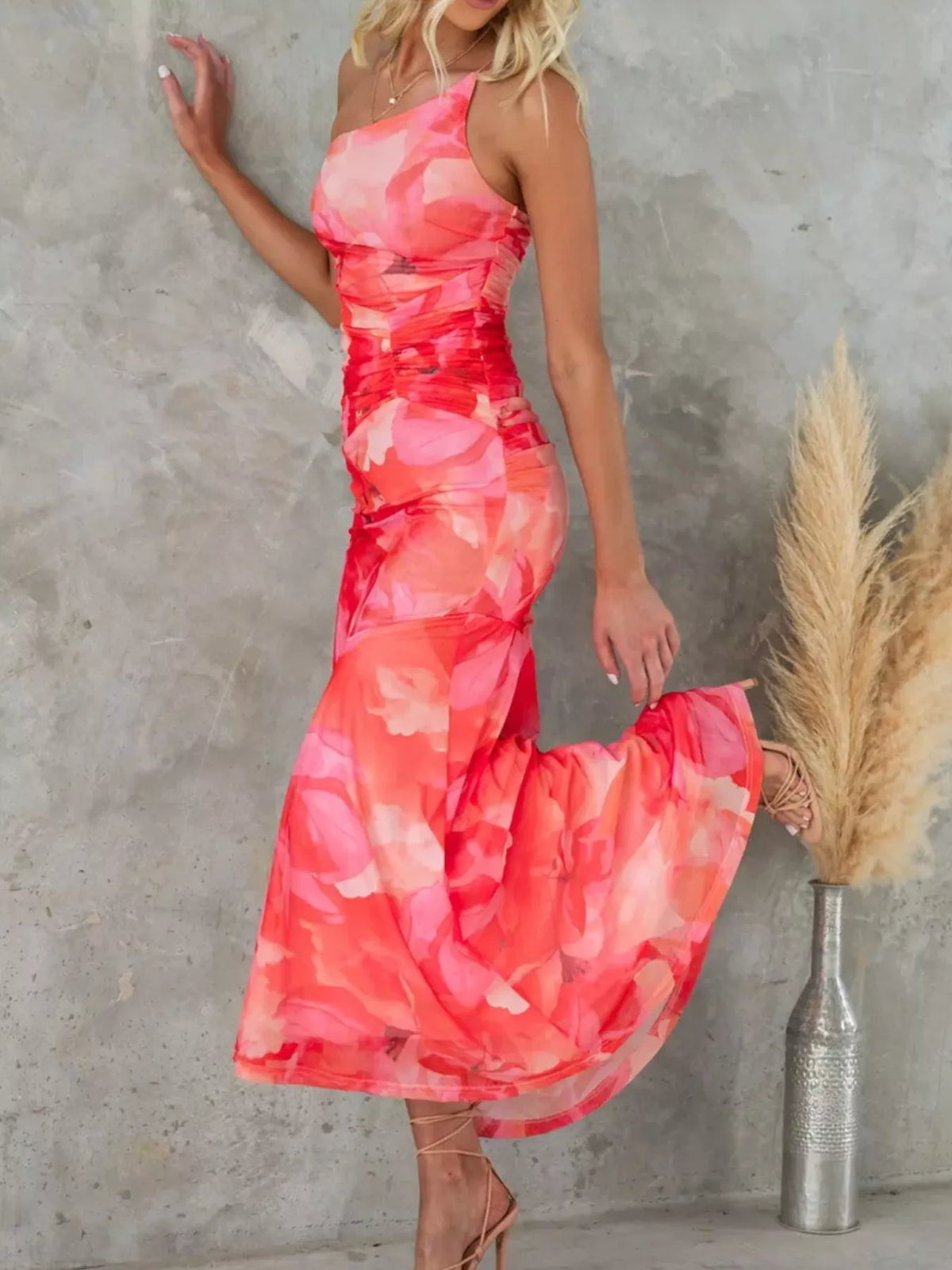 floral one shoulder ruched maxi dress neckline detail