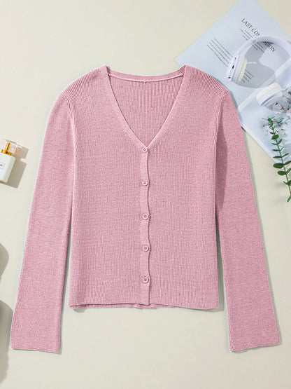 Ribbed Knit Button Front V Neck Cardigan - Fashorio