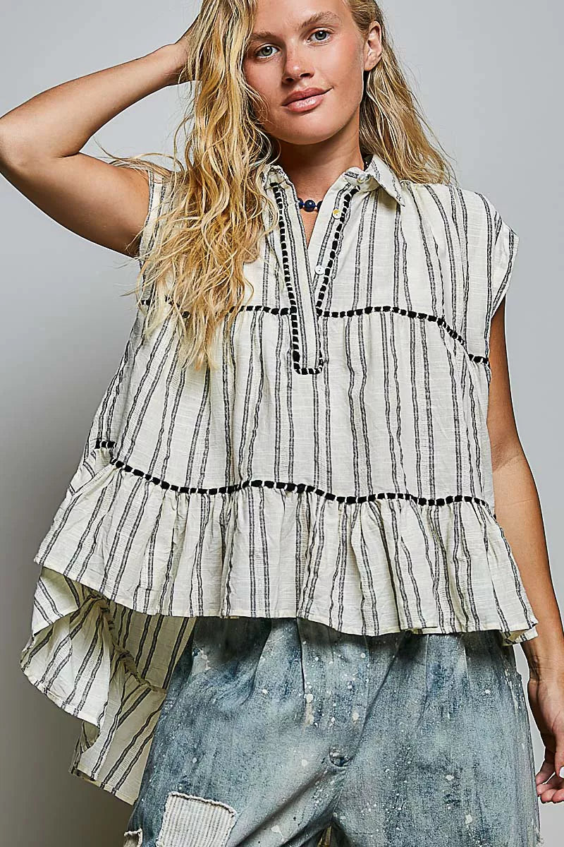 Close detail of the ruffled collar and button front
