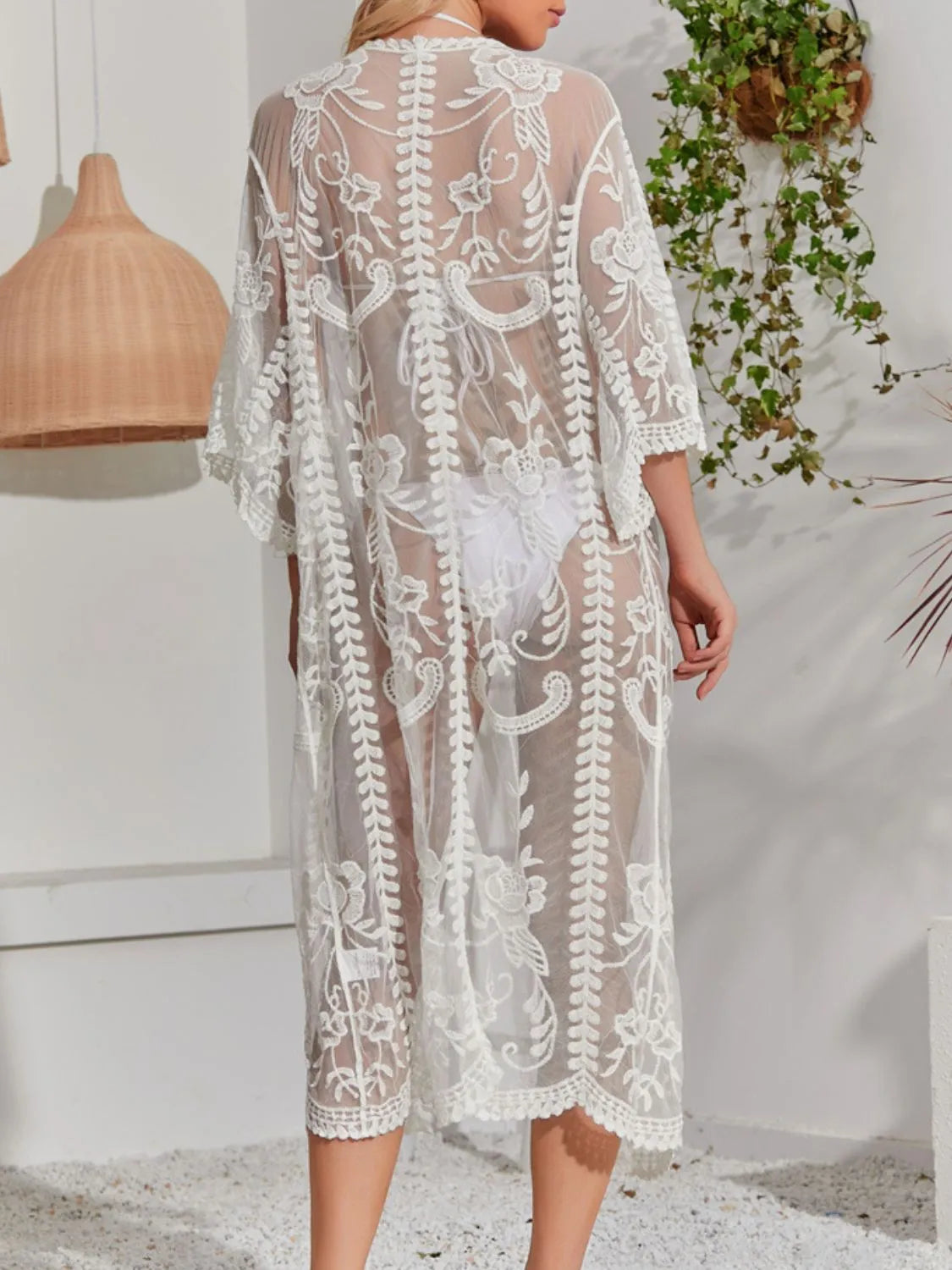 Lace Detail Open Front Longline Cover-Up - Fashorio