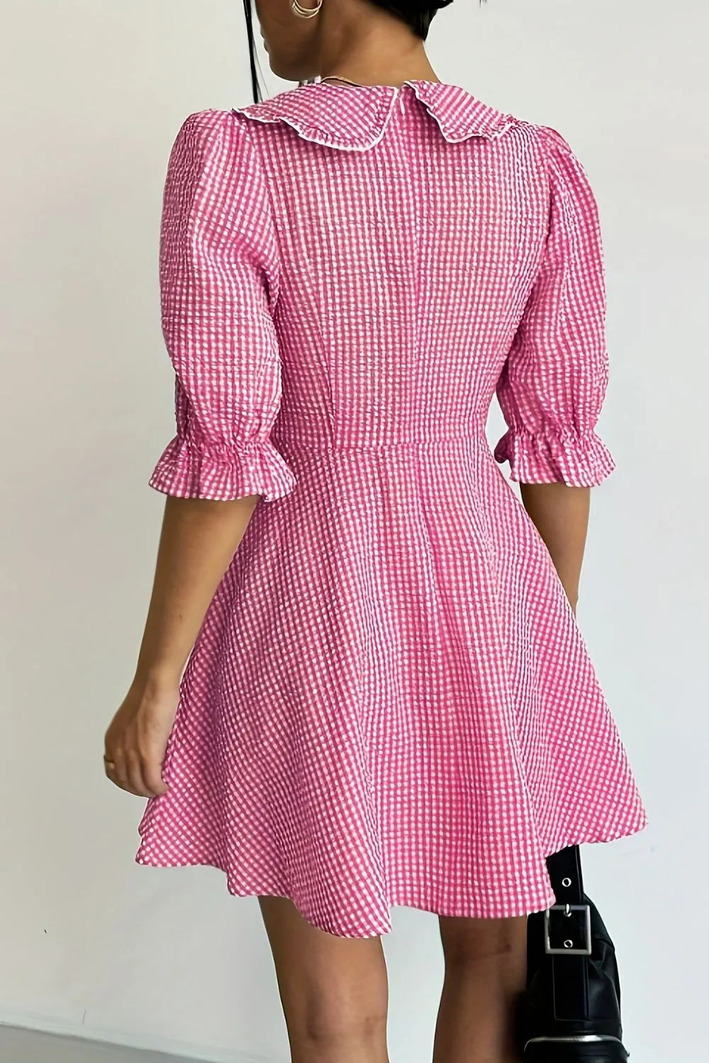 Gingham Puff Sleeve Mini Dress in Pink side view